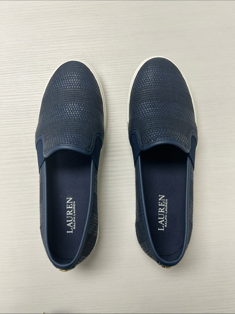 NWOT Lauren Ralph Lauren Navy Textured Slip-On Loafers with White Sole